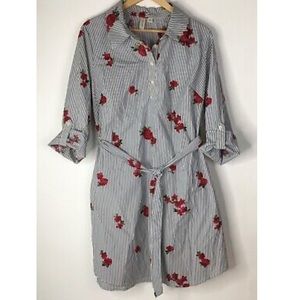 Tacera Embroidered Floral Striped Shirt Dress. NWT